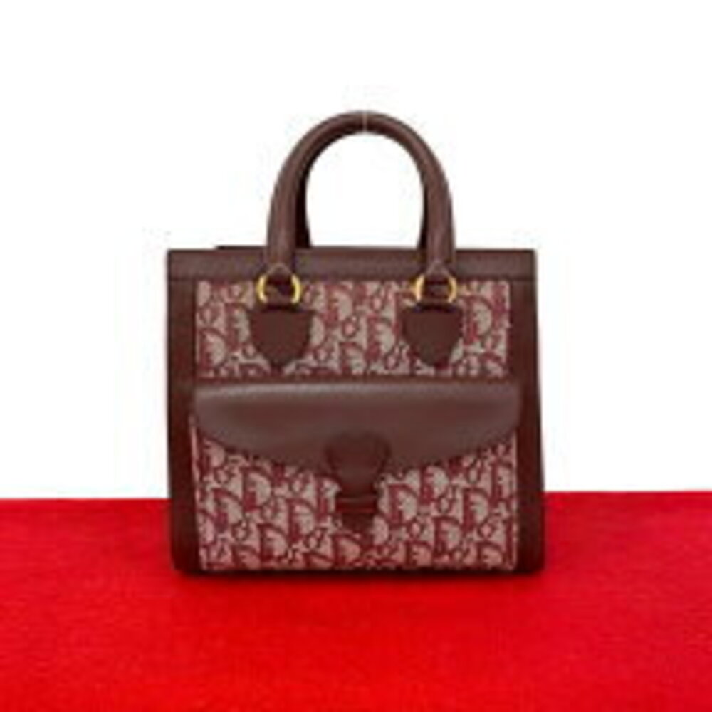 Christian Dior Trotter CD Logo Canvas Leather Handbag Tote Bag Bordeaux Red